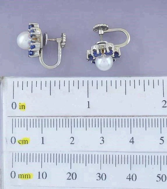 Lovely Pair 14K White Gold Pearl & Sapphire Flower Screw Back Earrings