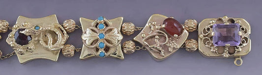 Lovely 14k Gold Multi Gem Slide Charm Bracelet Victorian Style Mini Portrait