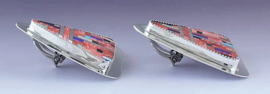 Lovely Pair Medina American Indian Sterling Silver & Stone Mosaic Inlay Earrings