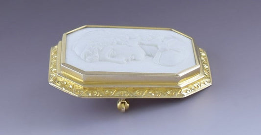 c1910 14k Gold Superb Hand Carved White Lava Cameo of Hercules Pin Brooch