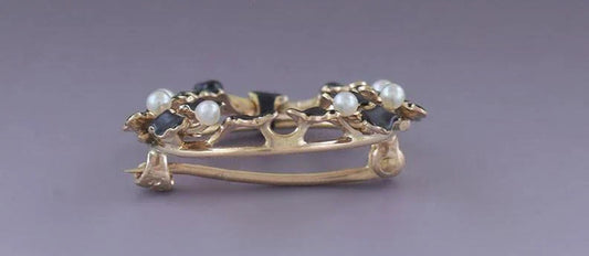 Antique Krementz 14k Gold Black Enamel Seed Pearl Wreath Laurel Pin Brooch