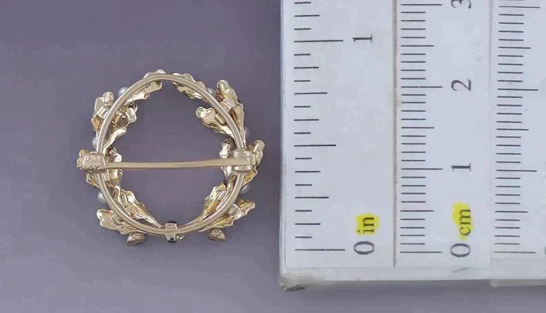 Antique Krementz 14k Gold Black Enamel Seed Pearl Wreath Laurel Pin Brooch