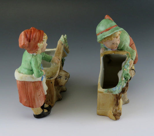 c1900 Antq Germany Huebach Bisque Porcelain Children w Dogs Doghouses Figurines