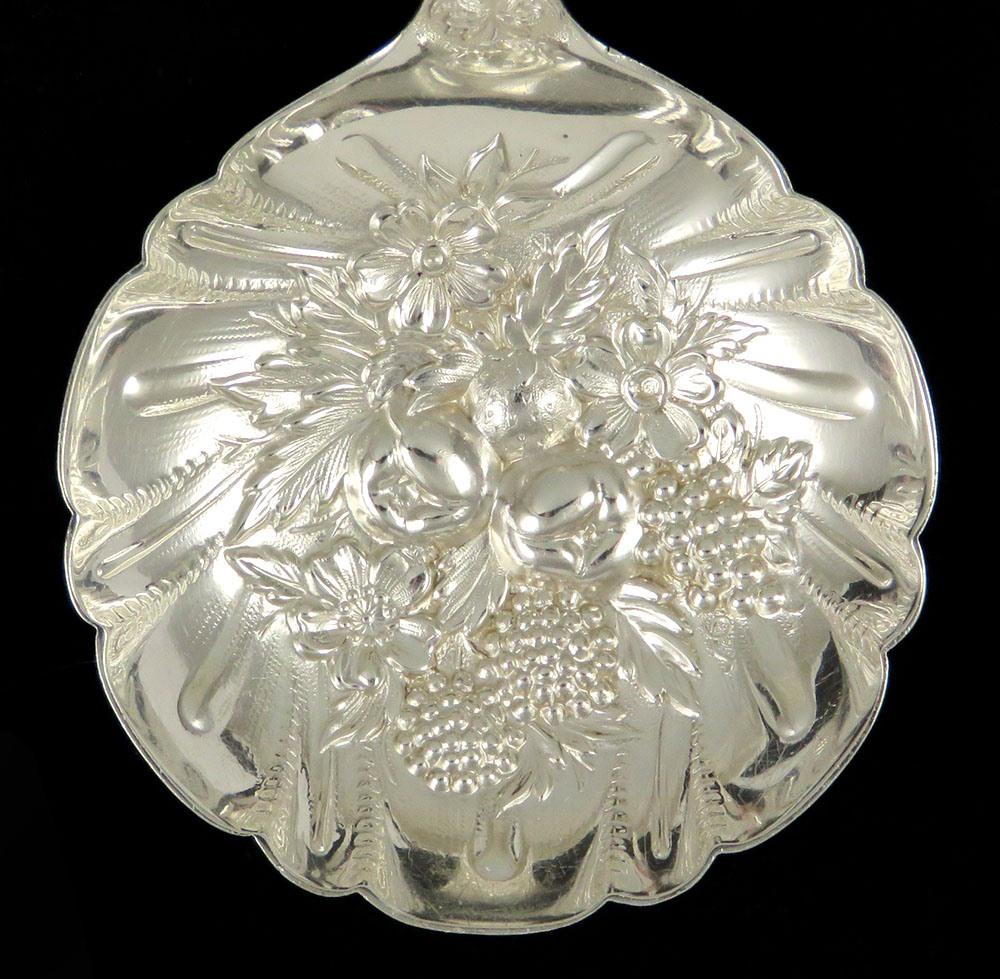 Antique c1930 Sterling Silver Kirk Repousse Flower Fruit Serving Spoon