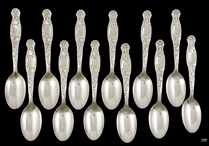 12 Whiting Heraldic Pattern Sterling Silver Teaspoons