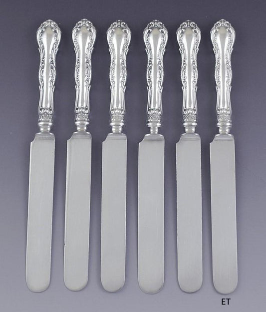 Great Set 6 Wallace Sterling Silver Irving Dinner Knives Carbon Steel Blades
