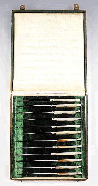 Fine set 12 French Silver MOP Handle Knives w/ Original Box