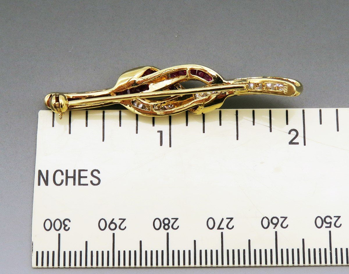 Lovely 18k Yellow Gold ~1.25ct Ruby ~.36ct Diamond Infinity Knot Bar Pin Brooch