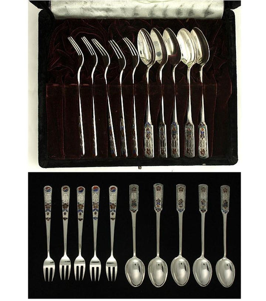 10pc Vintage Korean Silver Colorful Enamel Fruit Dessert Set Forks and Spoons
