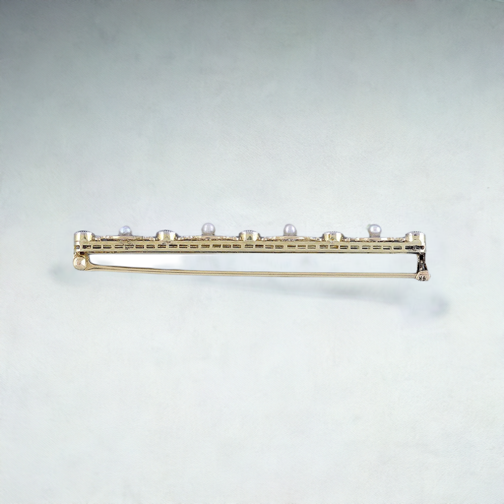 Krementz 14k Gold Sapphire Pearl Filigree Bar Pin Brooch