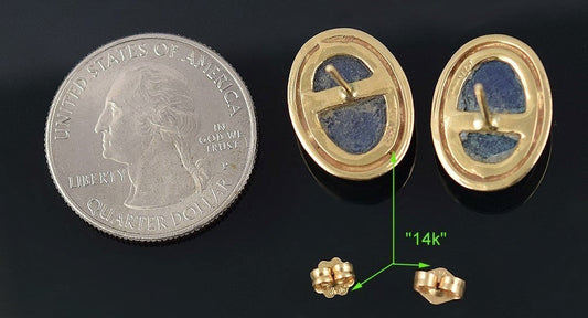 Shining Vintage 14k Yellow Gold Blue Lapis Lazuli Cabochon Pierced Earrings