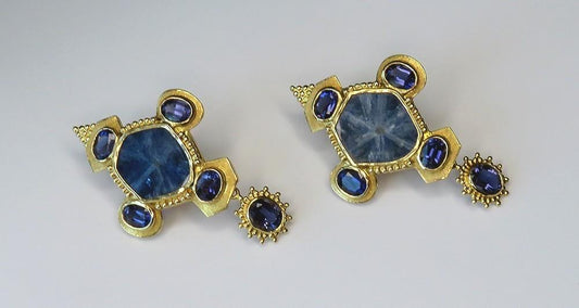 Exquisite Pair 18k Gold Natural Hexagonal Sapphire Slice ~8.75ct Iolite Earrings