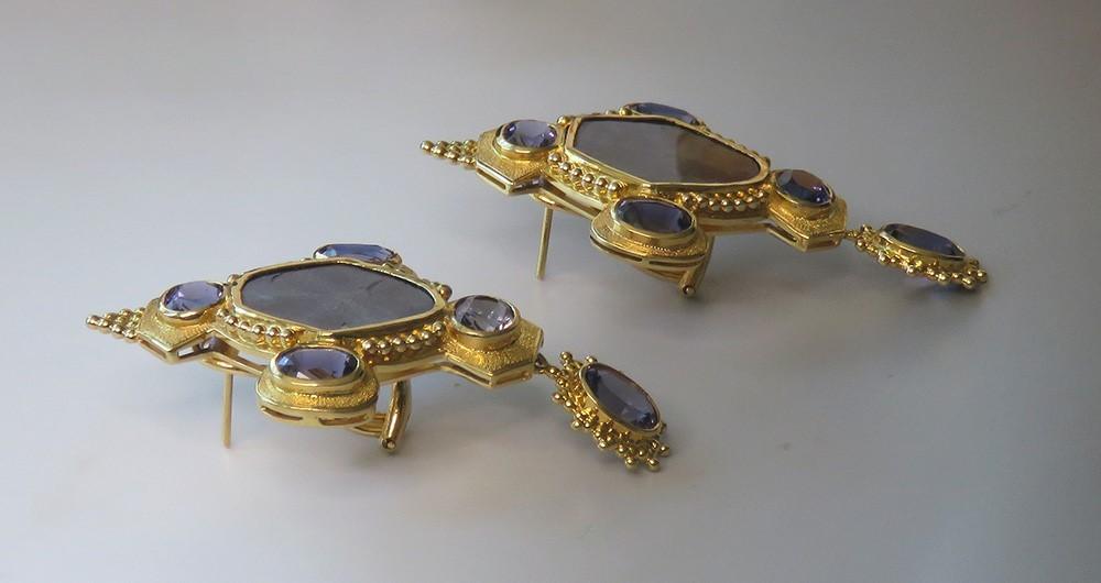 Exquisite Pair 18k Gold Natural Hexagonal Sapphire Slice ~8.75ct Iolite Earrings