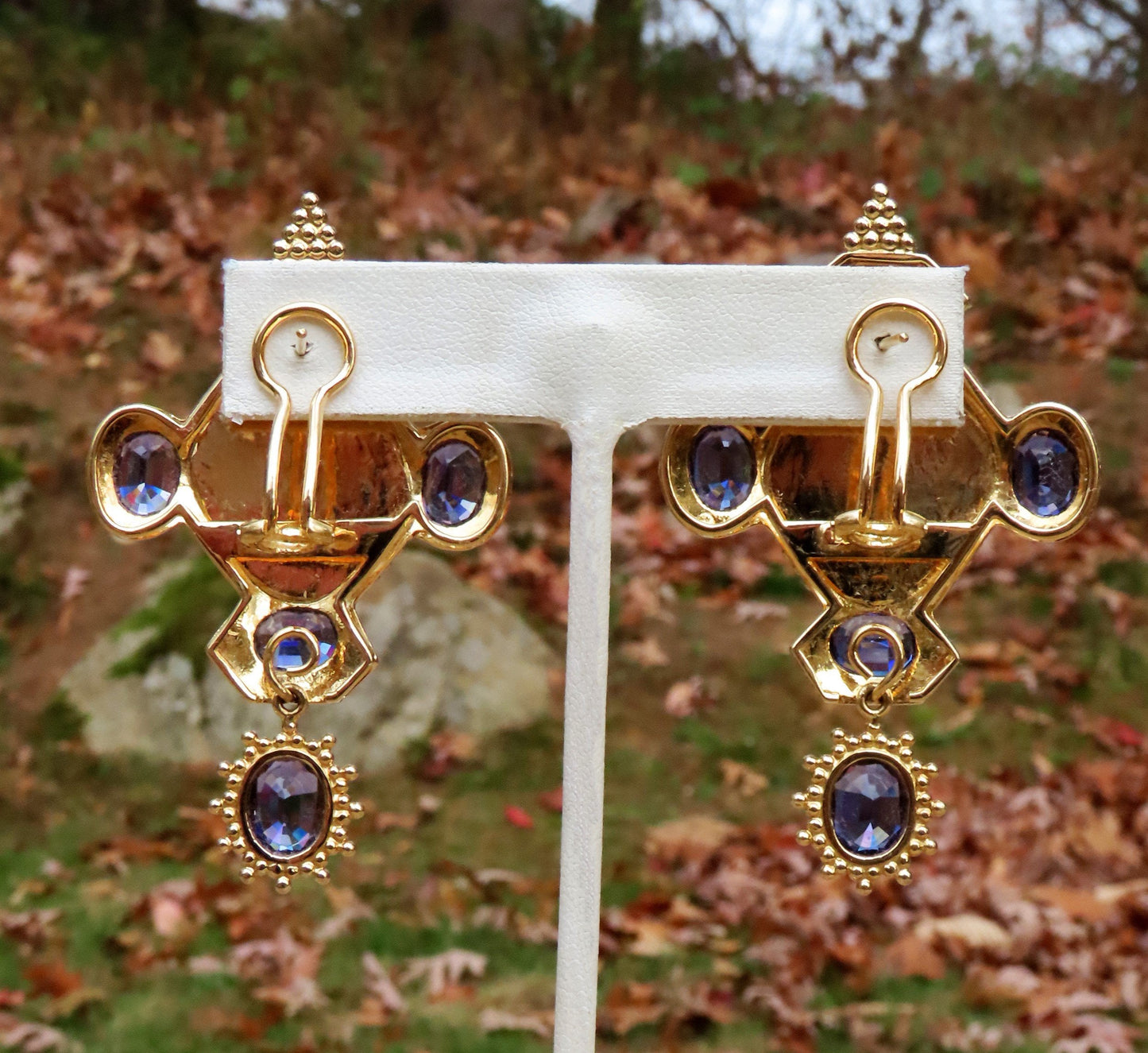 Exquisite Pair 18k Gold Natural Hexagonal Sapphire Slice ~8.75ct Iolite Earrings