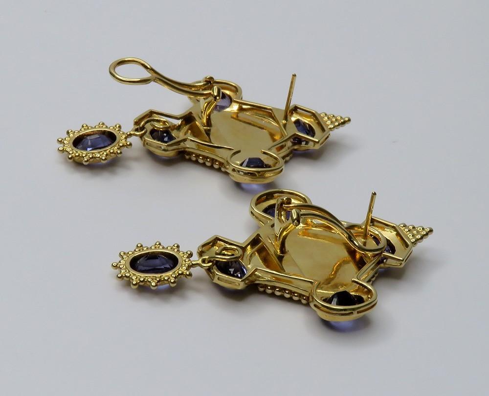 Exquisite Pair 18k Gold Natural Hexagonal Sapphire Slice ~8.75ct Iolite Earrings