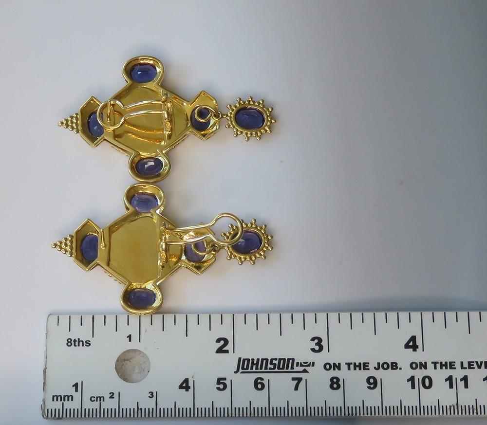 Exquisite Pair 18k Gold Natural Hexagonal Sapphire Slice ~8.75ct Iolite Earrings