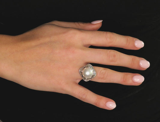 Gorgeous Platinum 12mm Pearl Natural Diamond Statement Cocktail Ring