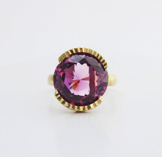 Retro Mexican 14K Gold 6.8 Carat Amethyst Gemstone Statement Cocktail Ring