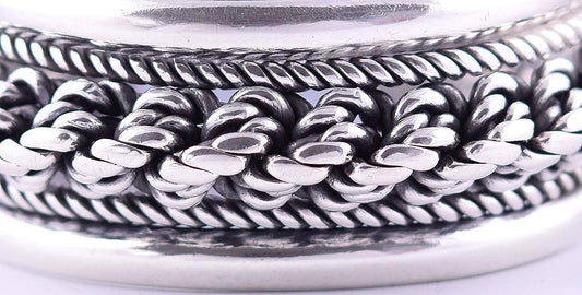 Marvelous Thick Width Turkish Silver Cuff Bracelet w/ Ropes and Woven Design
