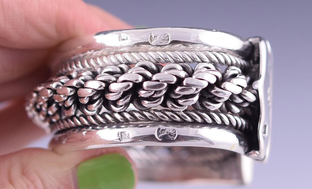 Marvelous Thick Width Turkish Silver Cuff Bracelet w/ Ropes and Woven Design
