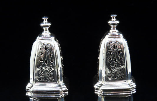 Impressive Pair English Britannia 958 Silver Queen Anne Style Shakers Casters