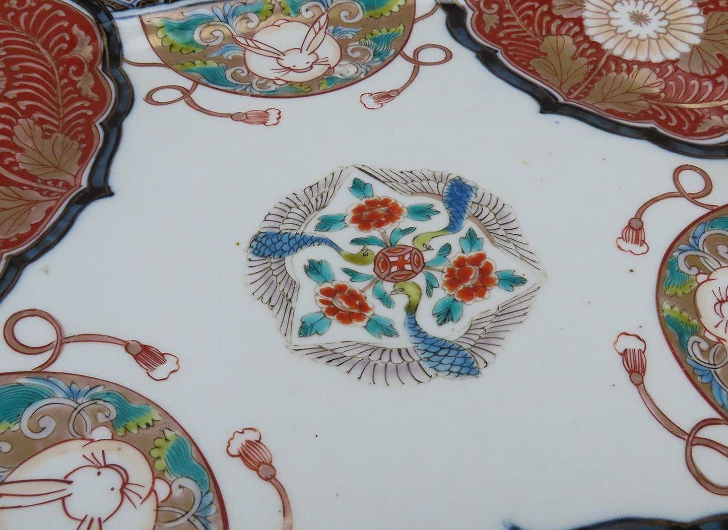 Large Gorgeous Japanese Imari Mid-1800s Hexagonal Serving Plate Rabbits Birds