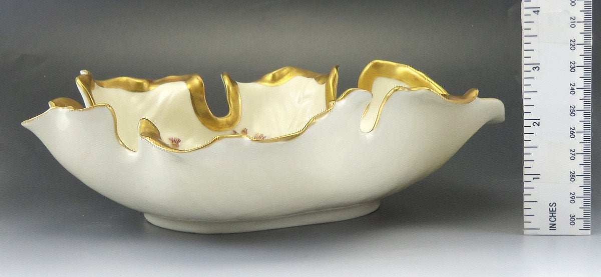 Antique 1887 Royal Worcester Ivory Porcelain Gilded Gold Flower Leaf Bowl/Dish