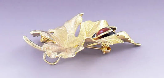Charming 14k Gold & Enamel Ladybug on a Leaf Pin / Brooch / Pendant