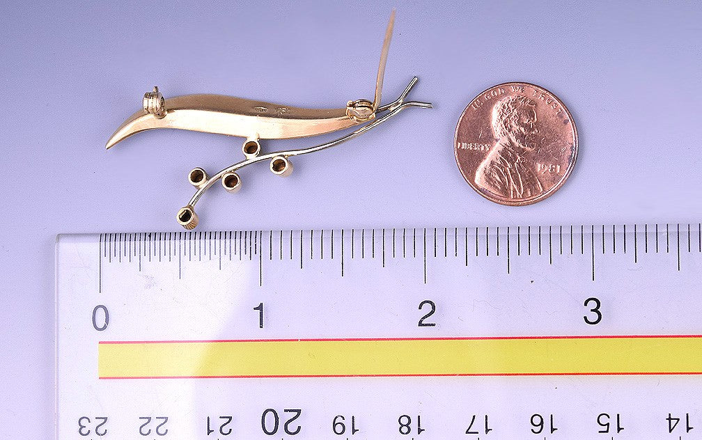 18k Italian Yellow Gold Leaf Pin w/ Stem and 5 Faux Blue Sapphires