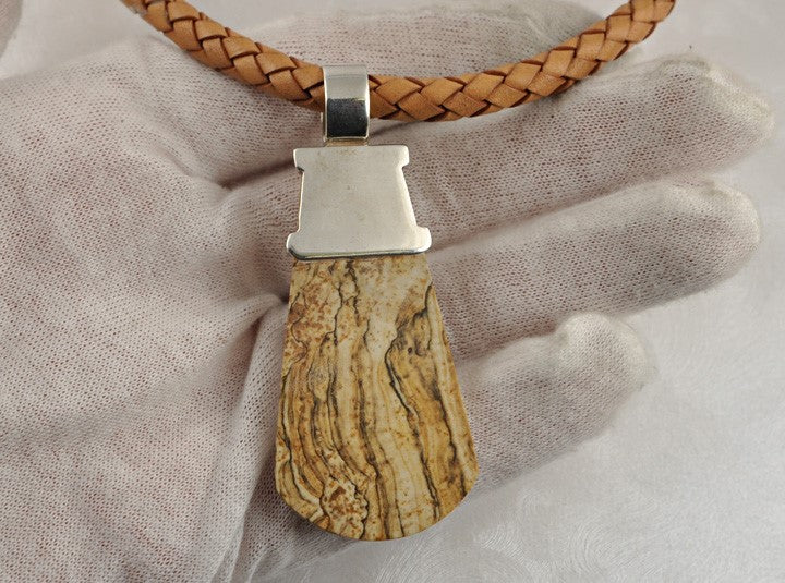 Neat Sterling and Leather Genuine Brown Agate Necklace
