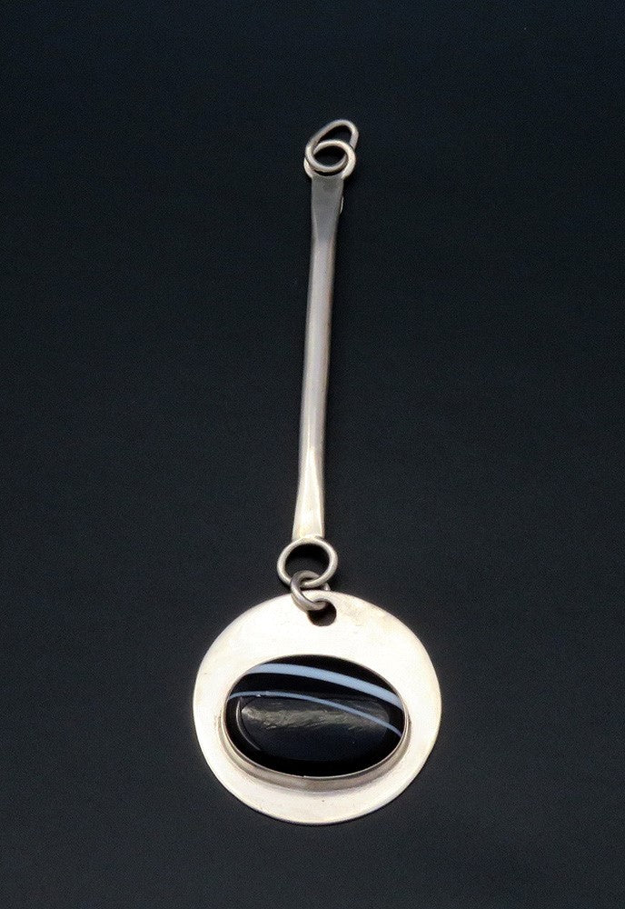 Elegant Artisan Sterling Silver Black Banded Striated Agate Drop Pendant