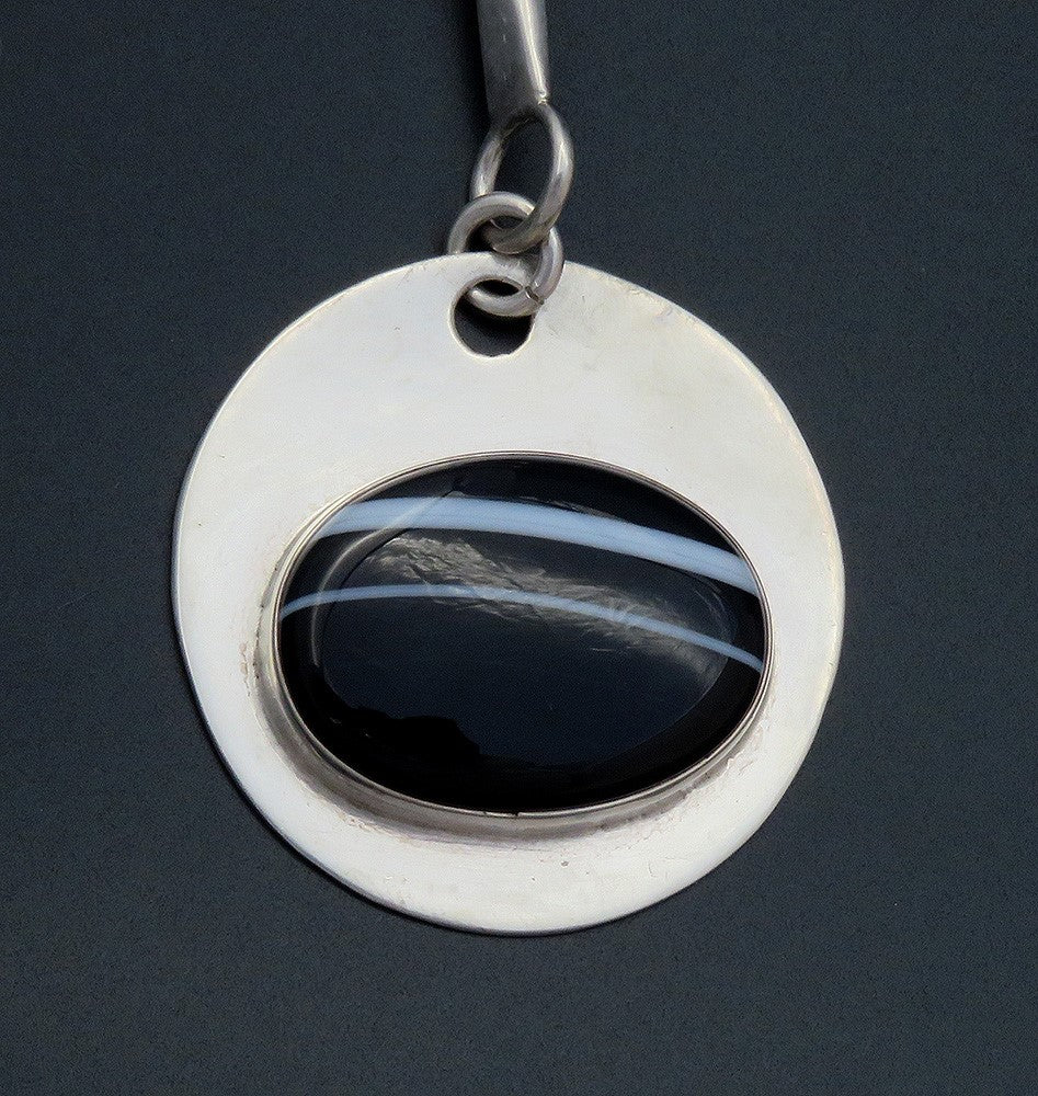 Elegant Artisan Sterling Silver Black Banded Striated Agate Drop Pendant
