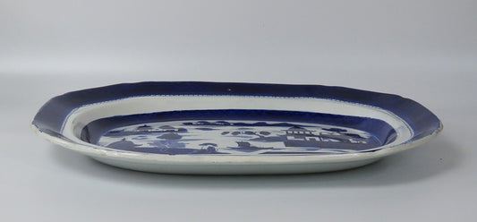 Antique c.1835 Huge English Ironstone Flow Blue White Canton Platter
