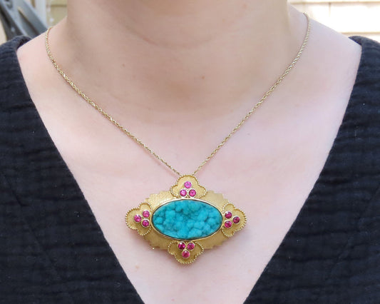 Paula Crevoshay 18k Gold Chrysocolla Ruby Iolite Torsade Necklace Pendant Brooch