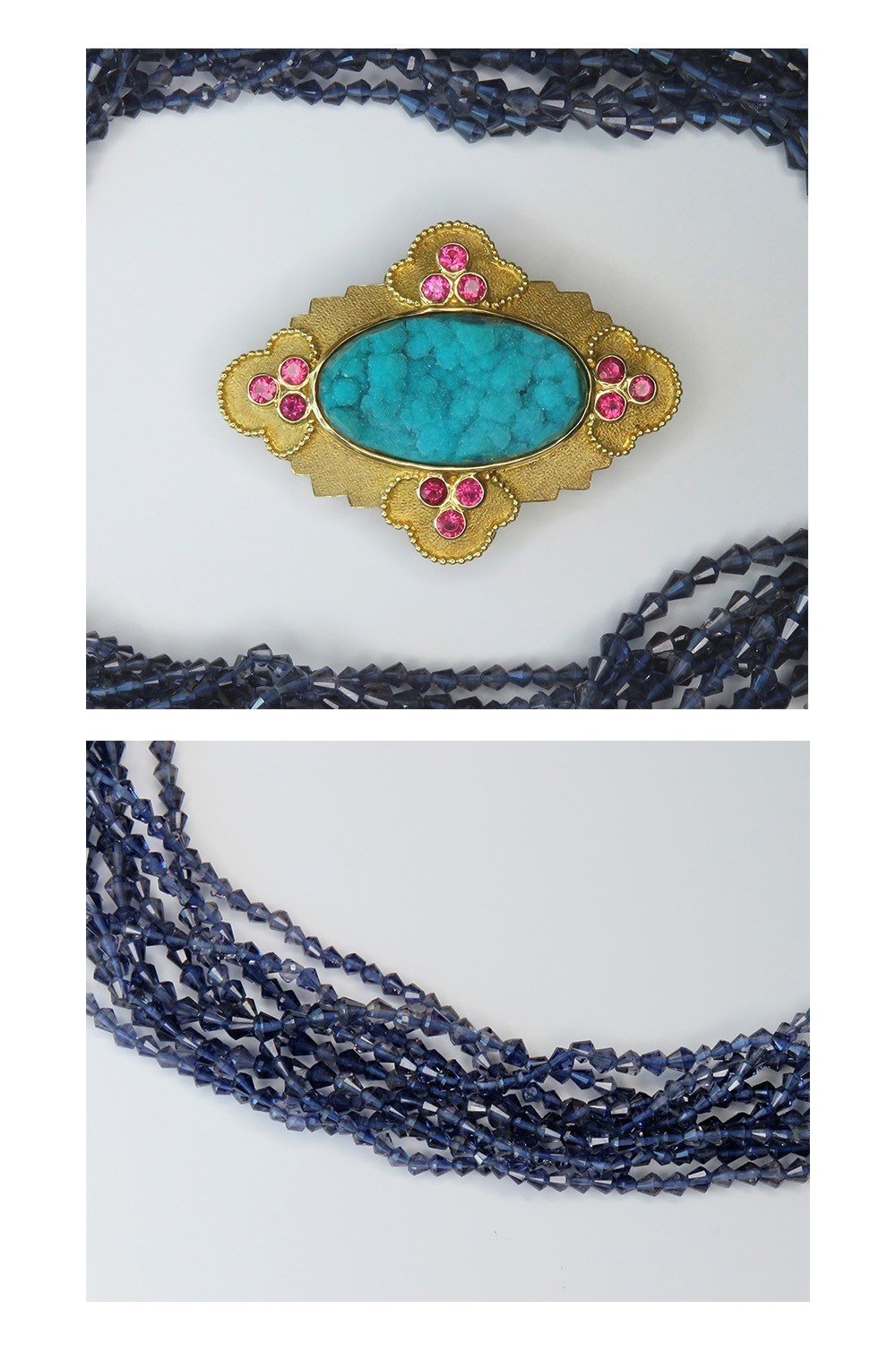 Paula Crevoshay 18k Gold Chrysocolla Ruby Iolite Torsade Necklace Pendant Brooch