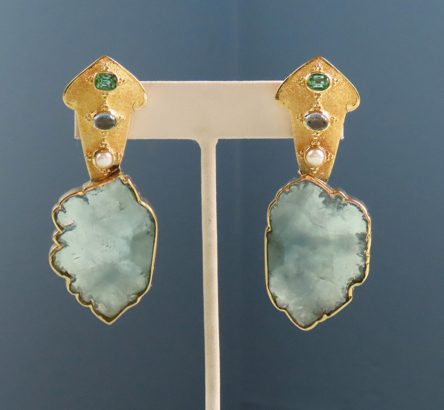 OOAK Paula Crevoshay 18k Gold Aquamarine Slice Sapphire Tourmaline Earrings