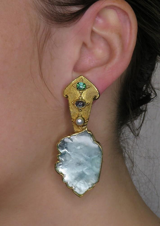 OOAK Paula Crevoshay 18k Gold Aquamarine Slice Sapphire Tourmaline Earrings