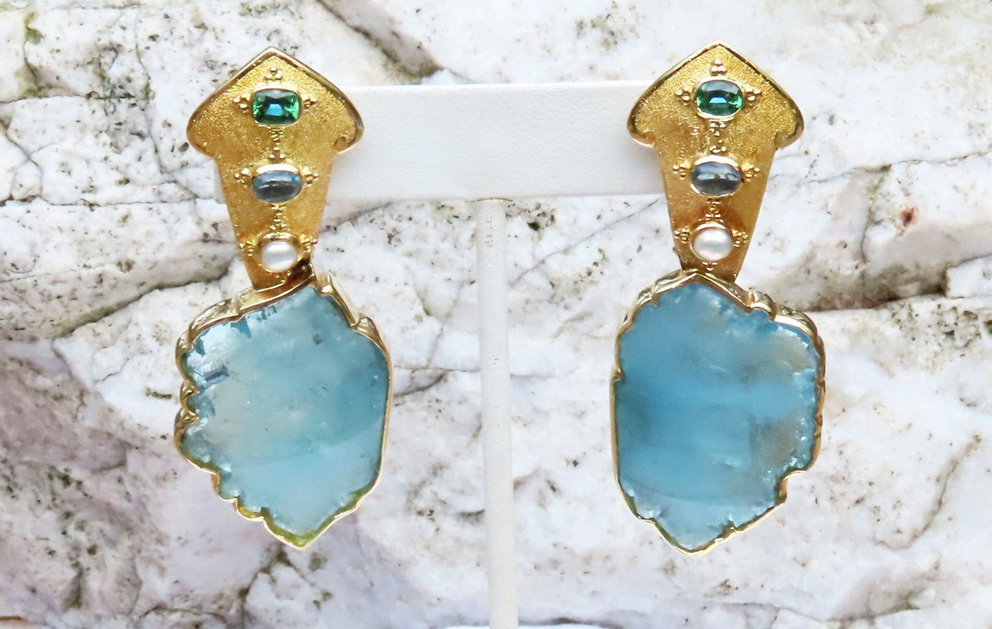 OOAK Paula Crevoshay 18k Gold Aquamarine Slice Sapphire Tourmaline Earrings