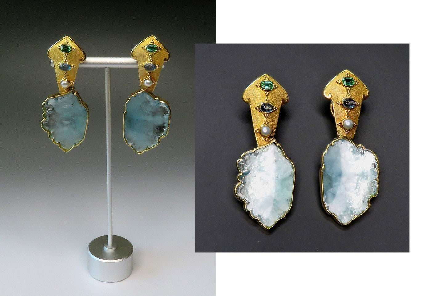 OOAK Paula Crevoshay 18k Gold Aquamarine Slice Sapphire Tourmaline Earrings