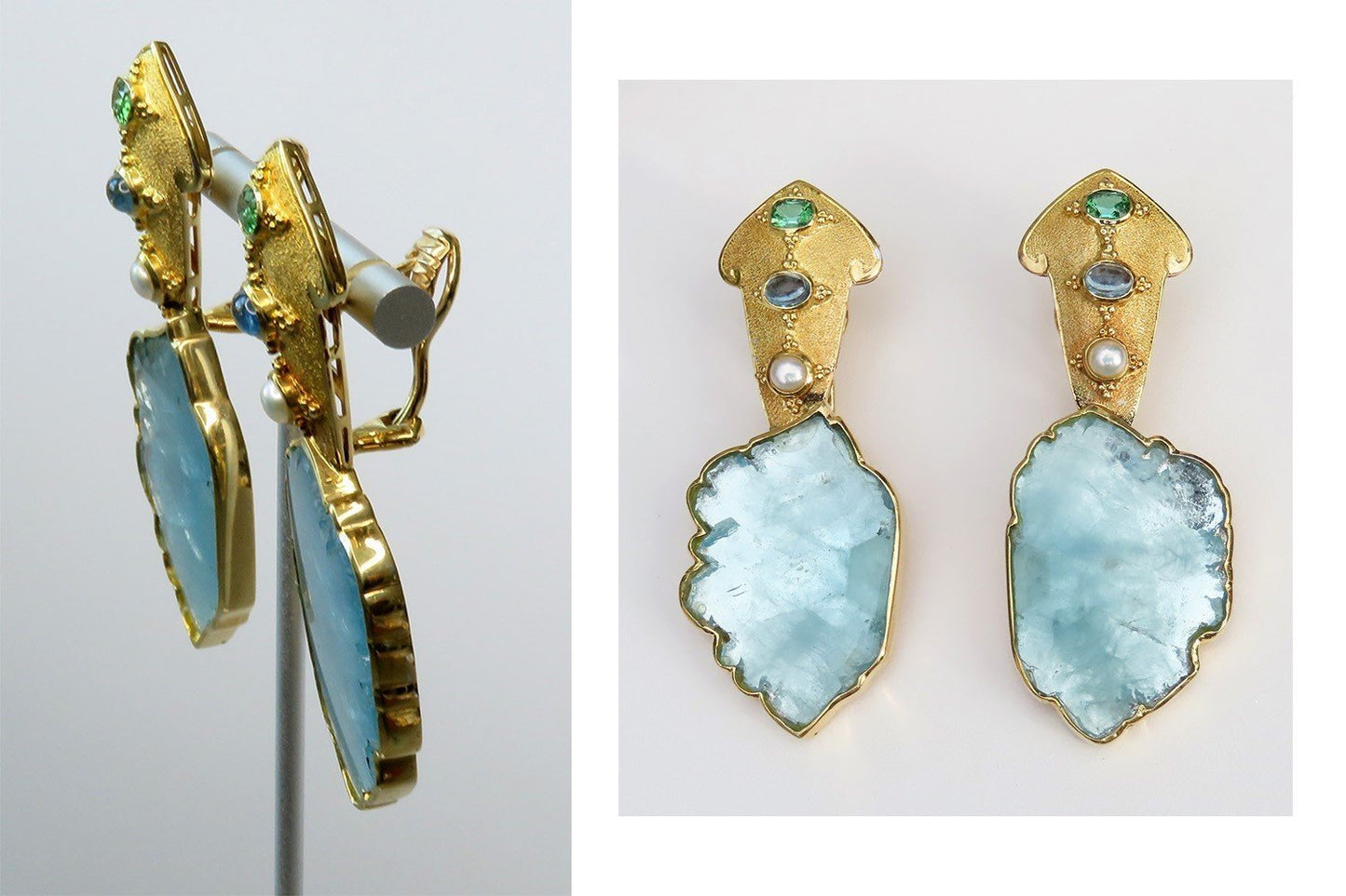 OOAK Paula Crevoshay 18k Gold Aquamarine Slice Sapphire Tourmaline Earrings
