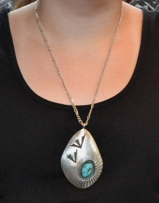 Native American Indian Sterling Silver Turquoise Statement Pendant Necklace