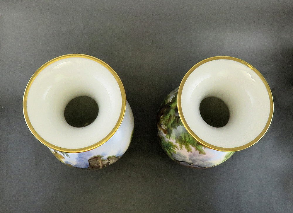 Antique Pair Hand Painted Porcelain Landscape Scene Large Flower Vases 13 1/2"