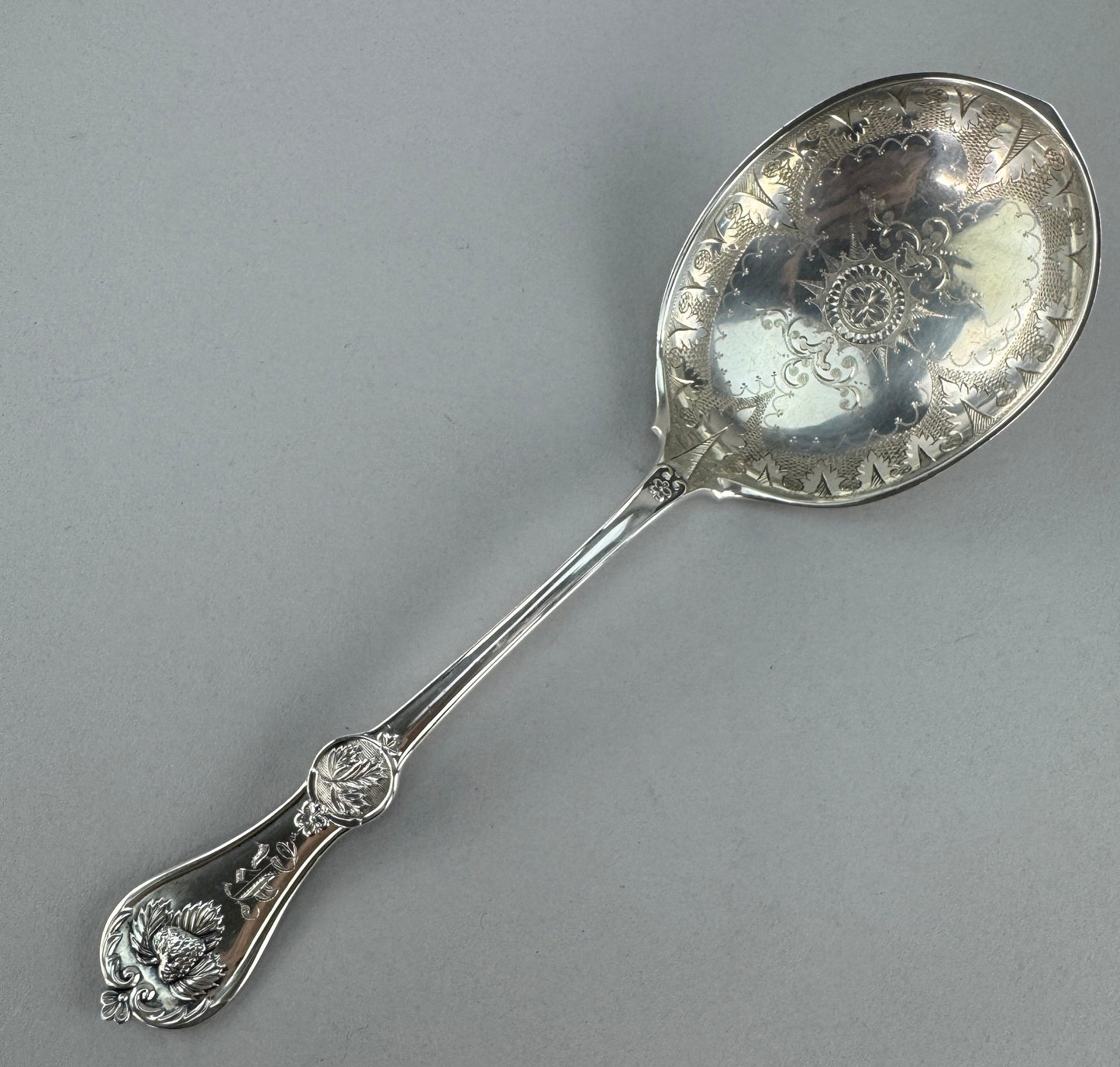 Fine Crisp Durgin Strawberry Coin Silver Large Serving Spoon 1860 - 70s