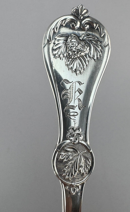 Fine Crisp Durgin Strawberry Coin Silver Large Serving Spoon 1860 - 70s