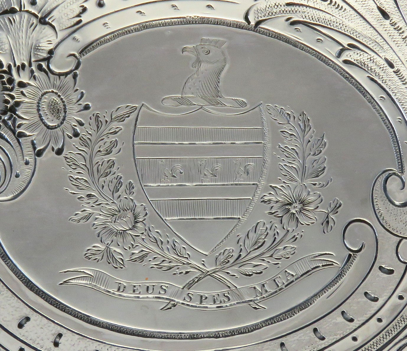 Fine Mid1800 Antq American Coin Silver Hand Engraved Basket Babcock Family Crest
