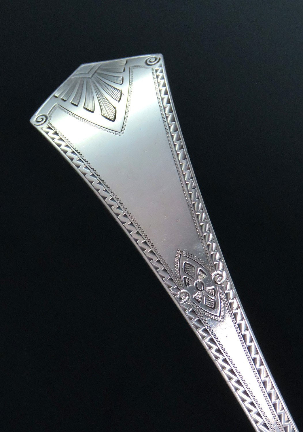 Large c1870 American Sterling Silver Bright Cut Platter Stuffing Serving Spoon