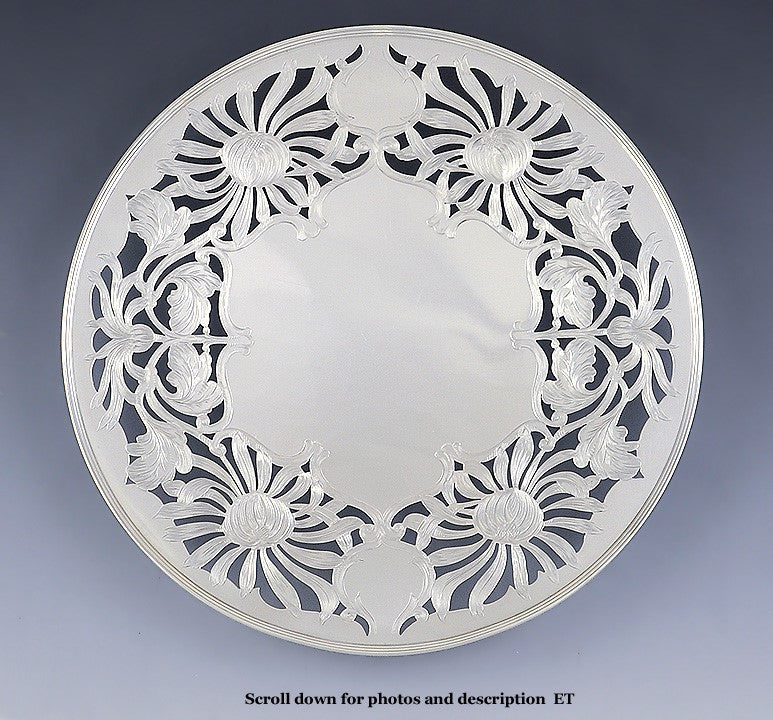 Antique Art Nouveau Gorham Pierced Sterling Silver Flower Footed Dish Tray 11"