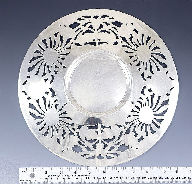 Antique Art Nouveau Gorham Pierced Sterling Silver Flower Footed Dish Tray 11"