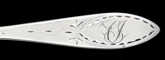 Lovely Coin Silver Pointed End Teaspoon CJ Mono 5 1/8 inches