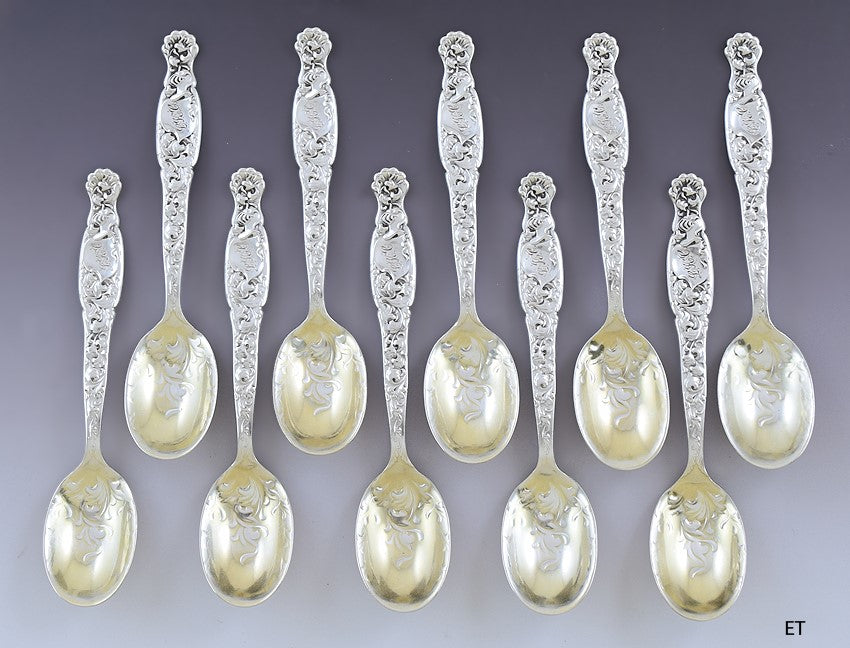 Great set 10 Whiting Sterling Silver Heraldic Demitasse / Chocolate Spoons